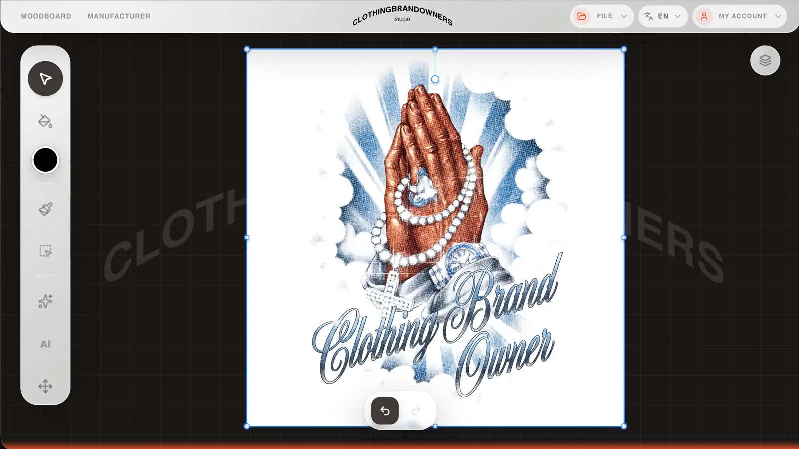 2D editor interface with selected canvas, side toolbar, and dark grid workspace