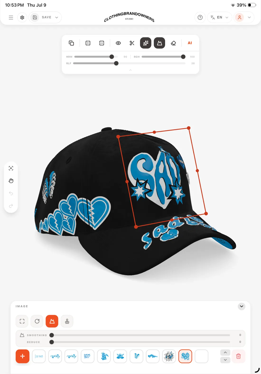 Black cap with blue heart artwork in the CBOs 3D editor on an iPad