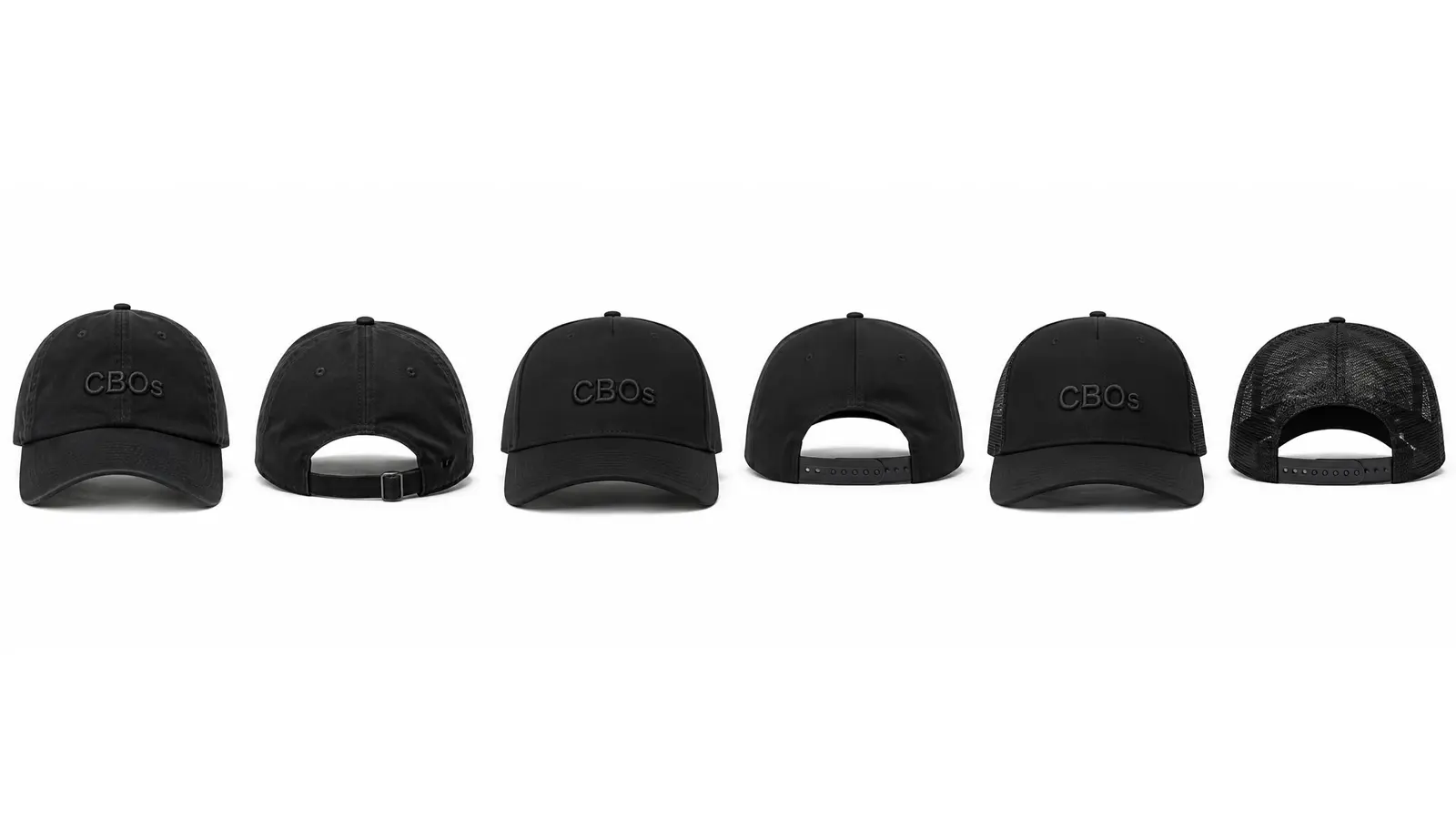 Three black CBOs caps shown in front and back views, including strapback, snapback, and mesh styles