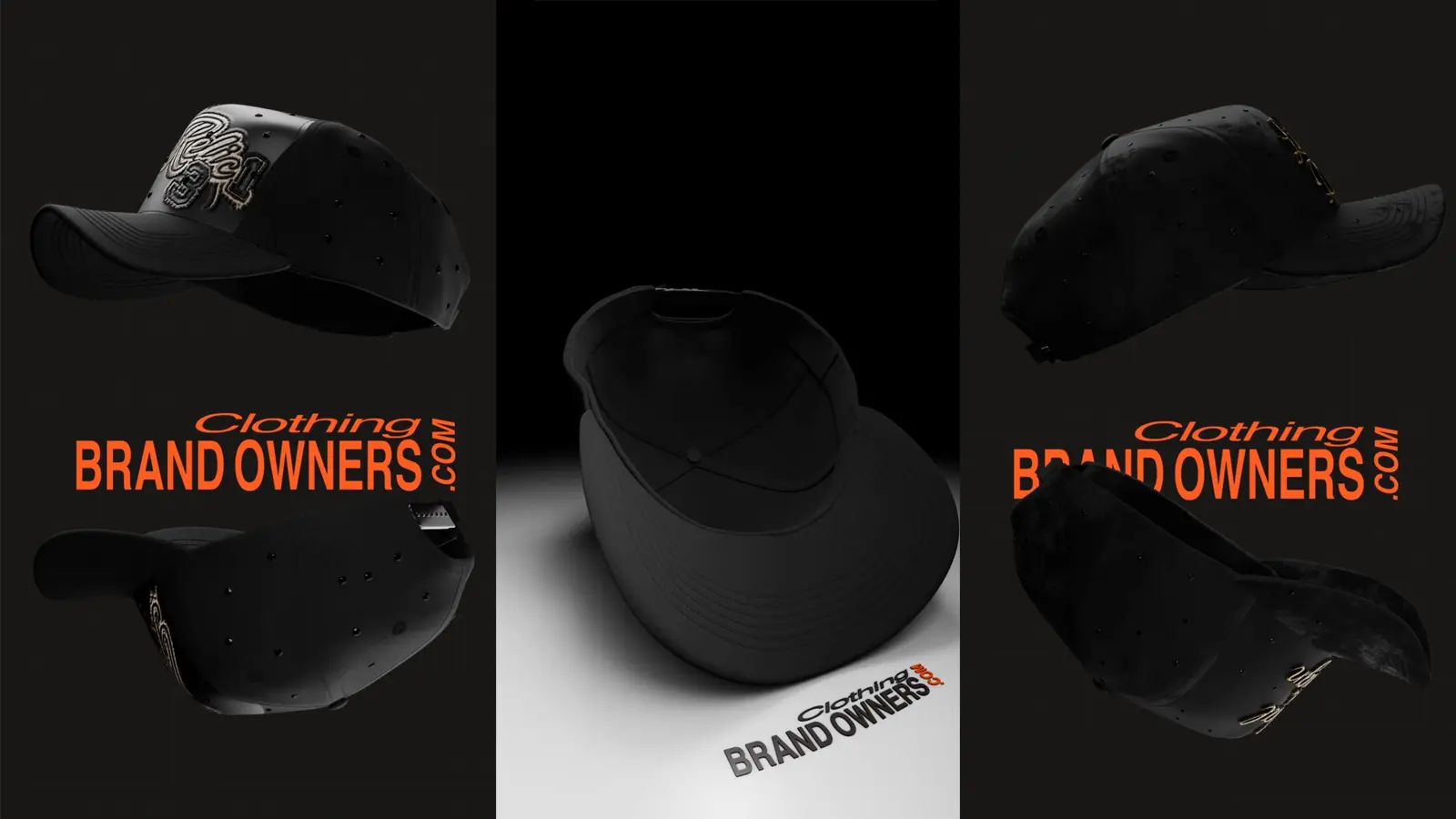 Black snapback caps shown from multiple angles with Clothing Brand Owners branding