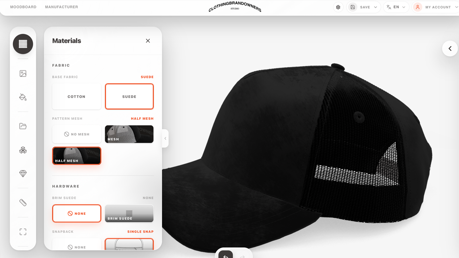 Black suede trucker cap with mesh back in a 3D product customizer interface