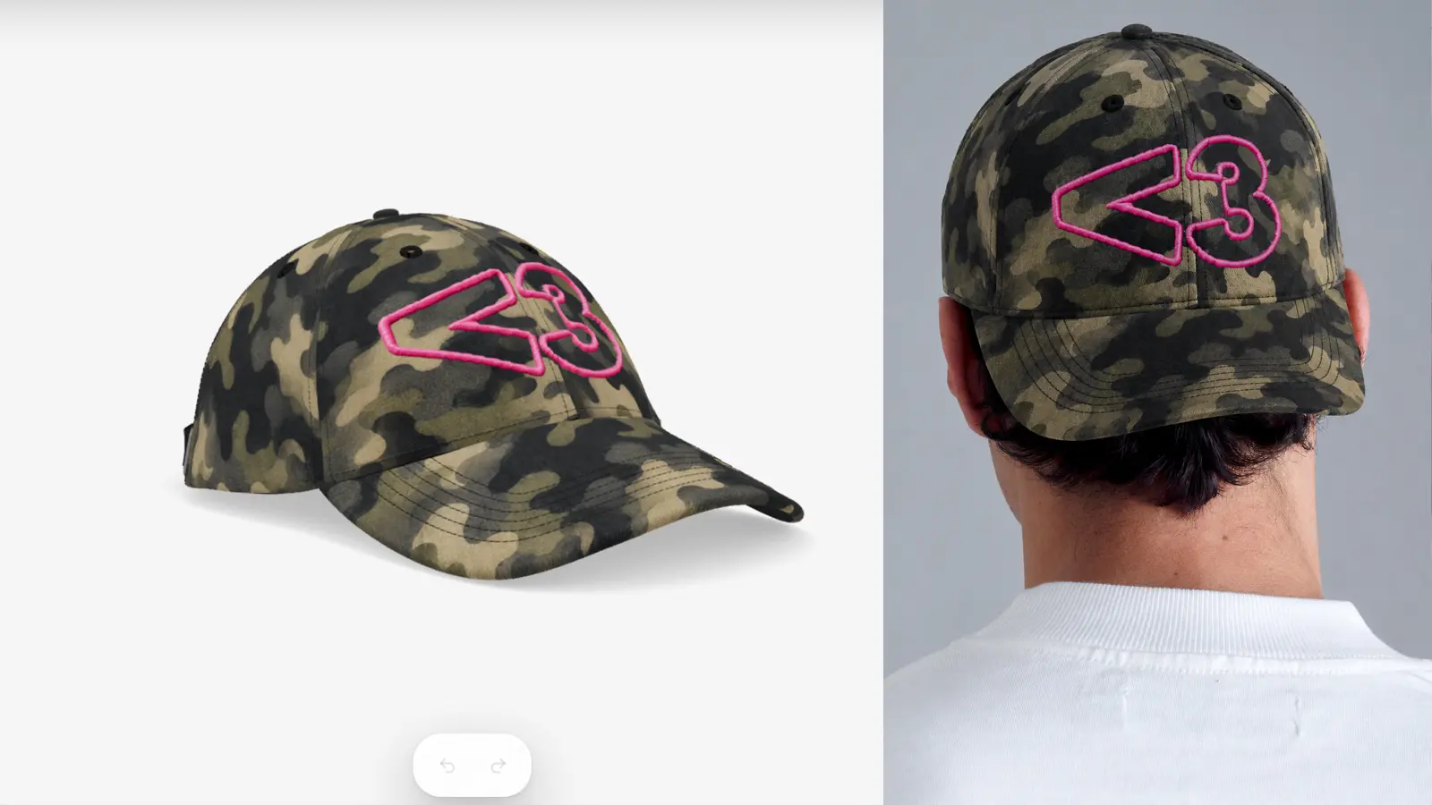 Custom camo cap with pink C3 embroidery shown as render and worn from behind