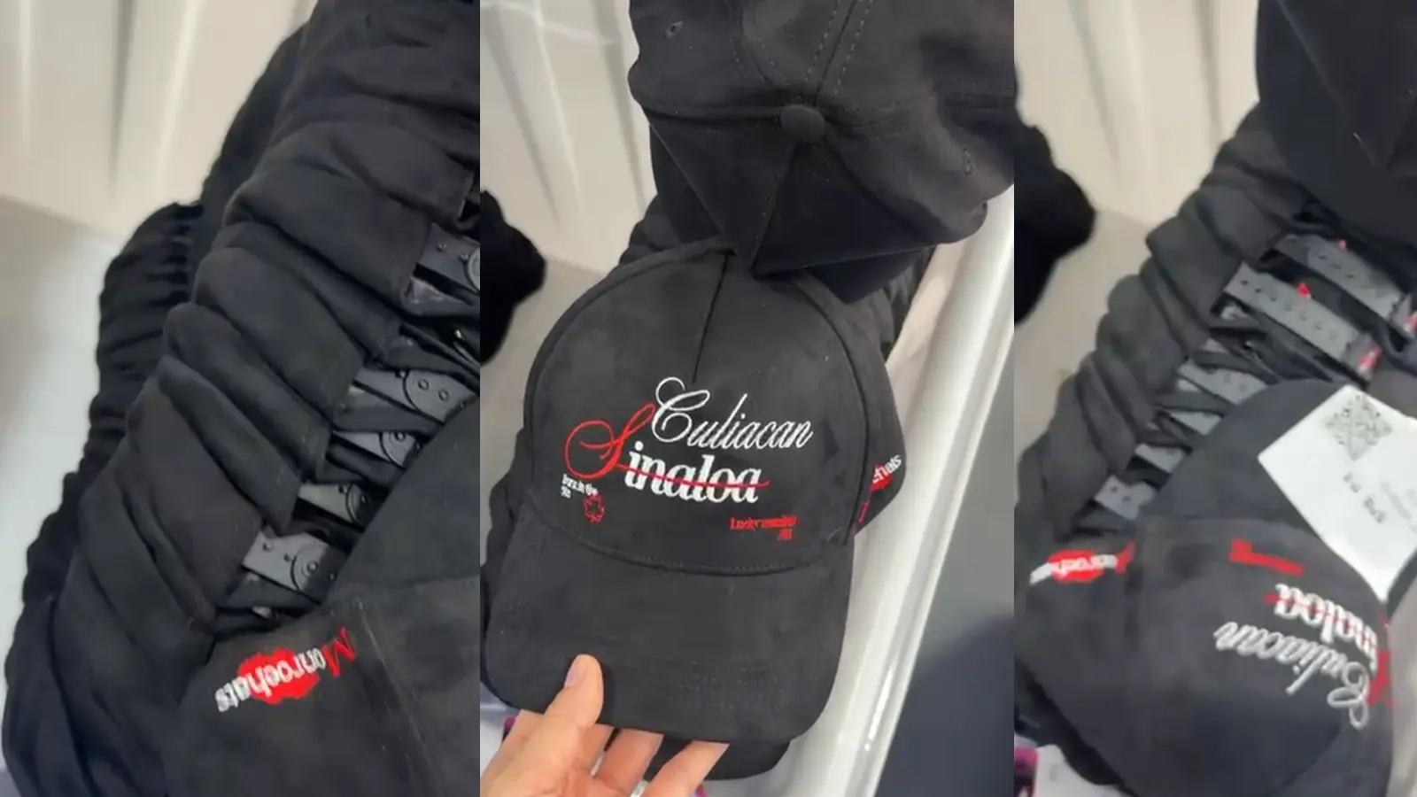 Custom embroidered caps shown in a three-panel view with stacked black caps